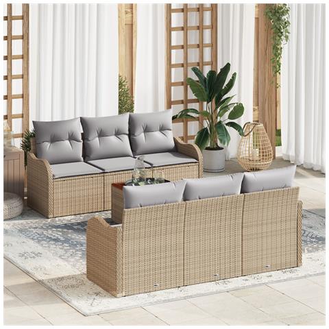 Set di Sofà da Giardino da 7 Pezzi con Cuscini Beige Polyrattan Acacia,  Sofà da Giardino a 2 Posti con Cuscini Beige Polyrattan - Foto 2
