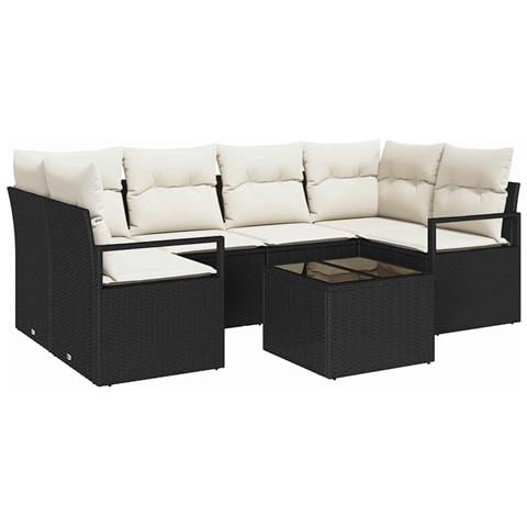 Set Divano da Giardino 7 Pezzi con Cuscini Nero Polyrattan, Divano da Giardino a Due Posti con Cuscini Nero Polyrattan - Foto 1