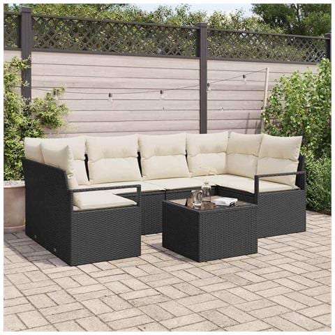 Set Divano da Giardino 7 Pezzi con Cuscini Nero Polyrattan, Divano da Giardino a Due Posti con Cuscini Nero Polyrattan - Foto 2