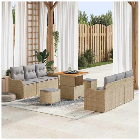 Set Divano Giardino  9 Pezzi con Cuscini Beige in Rattan Sintetico Acacia, Divano Giardino  2 Posti con Cuscini Beige in Rattan Sintetico, Set da Pranzo da Giardino  3 Pezzi con Cuscini Beige in Rattan Sintetico Acacia - Foto 2