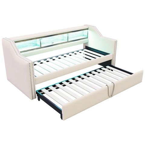 Letto Imbottito Divano-letto 90/180 X 190 Cm Con Contenitore Multifunzionale, Luce Led E Presa Usb E Rete A Doghe, Lino+metallo+compensato+mdf, Beige, Senza Materasso - Foto 2