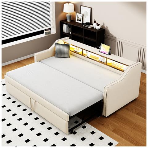 Letto Imbottito Divano-letto 90/180 X 190 Cm Con Contenitore Multifunzionale, Luce Led E Presa Usb E Rete A Doghe, Lino+metallo+compensato+mdf, Beige, Senza Materasso - Foto 1
