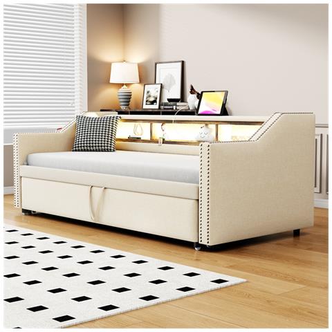 Letto Imbottito Divano-letto 90/180 X 190 Cm Con Contenitore Multifunzionale, Luce Led E Presa Usb E Rete A Doghe, Lino+metallo+compensato+mdf, Beige, Senza Materasso - Foto 4