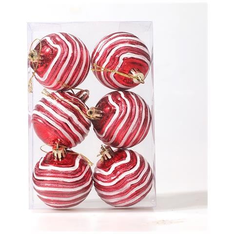 Set Di 6 Palline Di Natale A Righe Rosse E Bianche Da 6 Cm - Decorazioni Festive Per L'albero Red - Foto 1