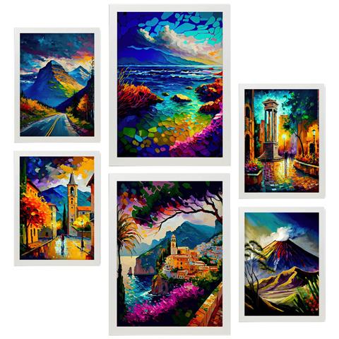 Set Di 6 Stampe Montagne In Stile Dipinto A Olio. Illustrazioni Di Monumenti E Città In Stile Fotografico A Colori. A3 & A4 Cornice Bianca - Foto 1