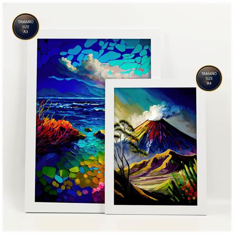 Set Di 6 Stampe Montagne In Stile Dipinto A Olio. Illustrazioni Di Monumenti E Città In Stile Fotografico A Colori. A3 & A4 Cornice Bianca - Foto 2