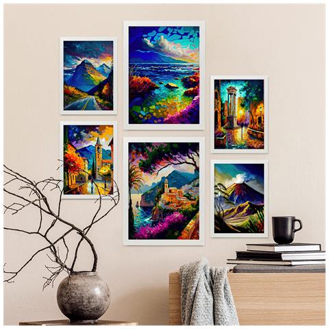 Set Di 6 Stampe Montagne In Stile Dipinto A Olio. Illustrazioni Di Monumenti E Città In Stile Fotografico A Colori. A3 & A4 Cornice Bianca - Foto 5