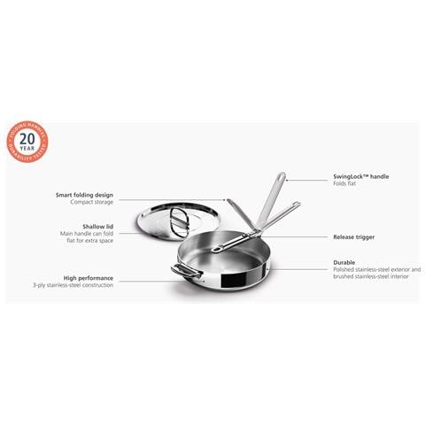 Padella Space Steel 28 Cm Per Saltare Con Manico Pieghevole E Coperchio Acciaio Inox Ideale Per Cucina A Induzione Adatta Al Forno Colore Acciaio - Foto 6