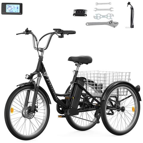 Triciclo Elettrico 24'' con Cestello Posteriore M300 Batteria 36V 18Ah 250W 40-70km 25 km /h 7 Velocità Schermo LCD Acceleratore a Pedale Freno Meccanico Ebike per Adulti - Foto 1