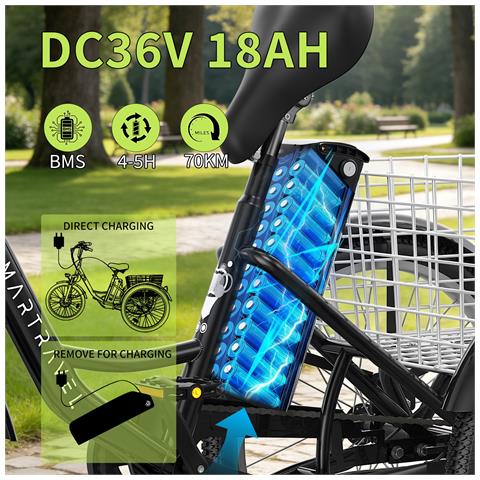 Triciclo Elettrico 24'' con Cestello Posteriore M300 Batteria 36V 18Ah 250W 40-70km 25 km /h 7 Velocità Schermo LCD Acceleratore a Pedale Freno Meccanico Ebike per Adulti - Foto 2
