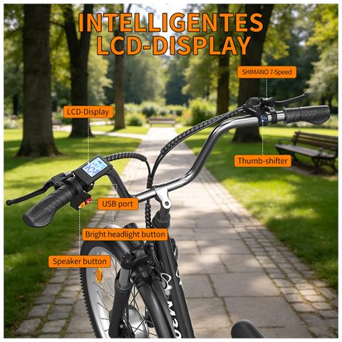 Triciclo Elettrico 24'' con Cestello Posteriore M300 Batteria 36V 18Ah 250W 40-70km 25 km /h 7 Velocità Schermo LCD Acceleratore a Pedale Freno Meccanico Ebike per Adulti - Foto 8