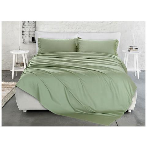 Parure Copripiumino Letto Matrimoniale 100% Raso Cotone Tinta Unita Made Italy Matrimoniale Salvia - Foto 1