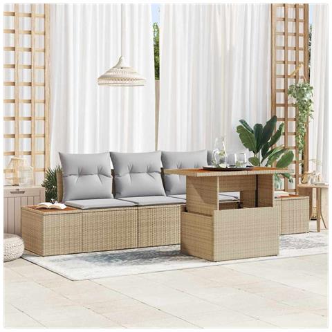 Set da Pranzo da Giardino 5 Pezzi con Cuscini Beige in Rattan Sintetico e Acacia - Foto 2