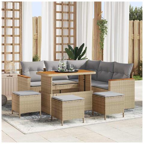 Set Divano Giardino  9 Pezzi con Cuscini Beige Polyrattan Acacia, Set Pranzo Giardino  4 Pezzi con Cuscini Beige Polyrattan Acacia - Foto 2