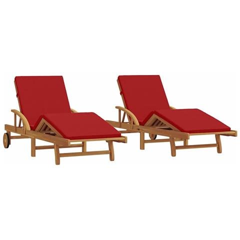 Lettini prendisole 2 pz con cuscini e ruote Rosso Legno massello Acacia, Lettino prendisole pieghevole con ruote e cuscino Rosso Legno massello Acacia - Foto 1