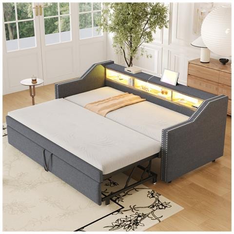 Letto Imbottito Divano-letto 90/180x190 Cm, Con Contenitore Multifunzionale, Luce Led E Presa Usb E Rete A Doghe, Lino+metallo+compensato+mdf, Grigio Scuro, Senza Materasso - Foto 1