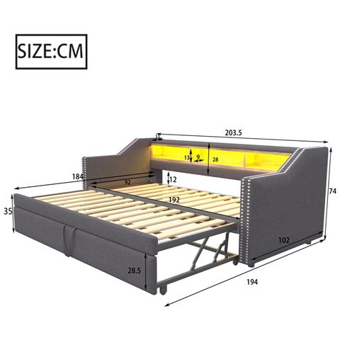 Letto Imbottito Divano-letto 90/180x190 Cm, Con Contenitore Multifunzionale, Luce Led E Presa Usb E Rete A Doghe, Lino+metallo+compensato+mdf, Grigio Scuro, Senza Materasso - Foto 2