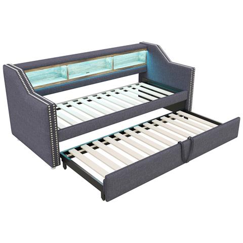 Letto Imbottito Divano-letto 90/180x190 Cm, Con Contenitore Multifunzionale, Luce Led E Presa Usb E Rete A Doghe, Lino+metallo+compensato+mdf, Grigio Scuro, Senza Materasso - Foto 4