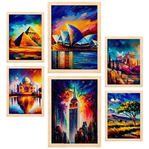 Set Di 6 Stampe Illustrazioni Di Monumenti E Città In Stile Pittura Ad Olio Arricchite In Stile Fotografico A Colori. A3 & A4 Telaio In Legno Chiaro - Foto 1