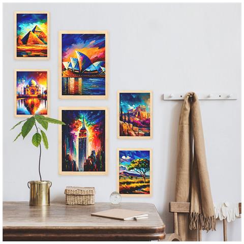 Set Di 6 Stampe Illustrazioni Di Monumenti E Città In Stile Pittura Ad Olio Arricchite In Stile Fotografico A Colori. A3 & A4 Telaio In Legno Chiaro - Foto 5