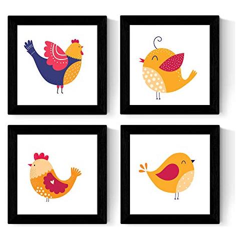 Set Di 4 Stampe Fogli Di Forma Quadrata Con Illustrazioni Famiglia Di Polli Nordico Stile Scandinavo, Cornice Nera 20x20 Cm - Foto 1