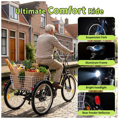 Triciclo Elettrico Carico 24'' M300 Batteria 36V 22Ah 250W 40-70km 25km /h 7 Velocità Schermo LCD Acceleratore a Pedale Freno Meccanico Ebike con Cestello Posteriore per Adulti - Foto 2