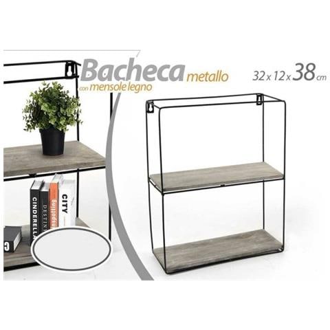 Trade Shop - Bacheca Porta Oggetti Metallo Rettangolare Parete 2 Mensole Legno 32x12x38cm 751967 - Foto 1