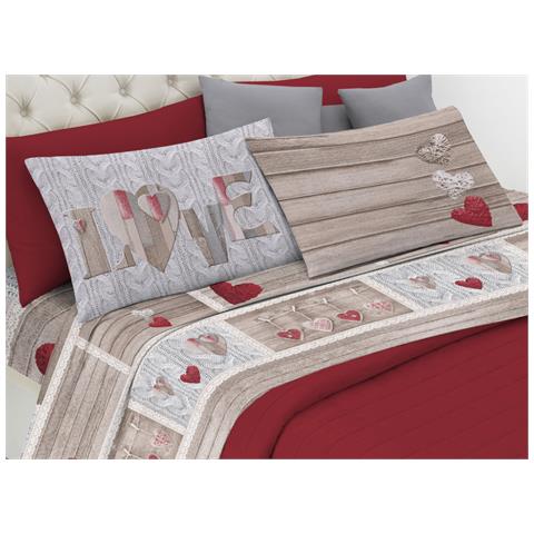 Completo Lenzuola Linea Pensieri Delicati 100% Cotone Disegno Shabby Love Singolo Rosso - Foto 1