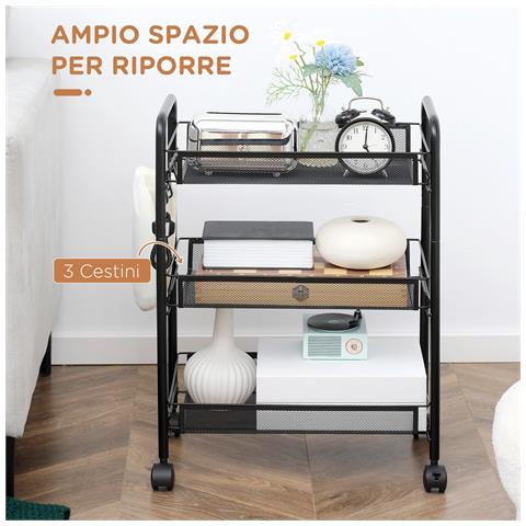 Carrello Da Cucina A 3 Livelli Con Cesti Removibili E 4 Ruote, In Acciaio E Plastica Pp, 41.5lx26.5x63 Cm, Nero - Foto 2