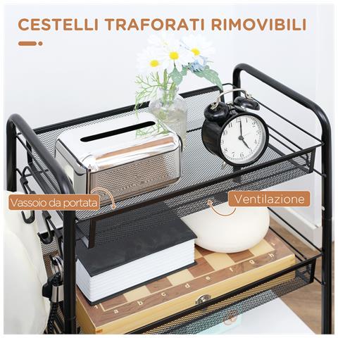 Carrello Da Cucina A 3 Livelli Con Cesti Removibili E 4 Ruote, In Acciaio E Plastica Pp, 41.5lx26.5x63 Cm, Nero - Foto 6