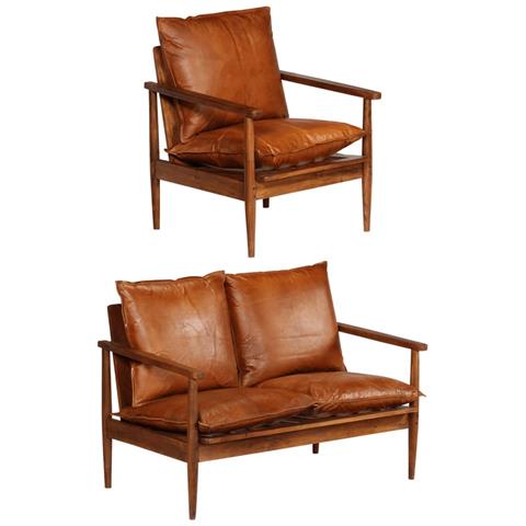 Lusso Casadino -  Set Divani 2 Pz In Vera Pelle E Legno Massello D'acacia Marrone - Foto 2