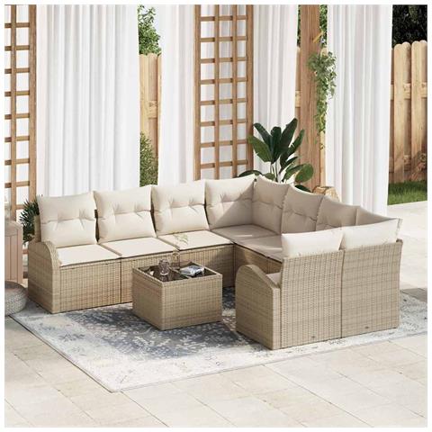 Set Divano Giardino  9 Pezzi con Cuscini Beige Polyrattan, Divano Giardino  2 Posti con Ripostiglio e Cuscini Beige Polyrattan - Foto 2