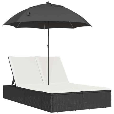 Lettino Prendisole Doppio Cuscini e Parasole Nero in Polyrattan - Foto 1