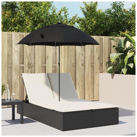 Lettino Prendisole Doppio Cuscini e Parasole Nero in Polyrattan - Foto 2