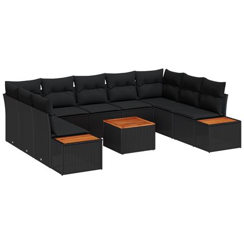 Set di Divano da Giardino da 10 Pezzi con Cuscini Nero Polyrattan Acacia - Foto 1