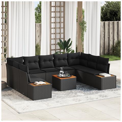 Set di Divano da Giardino da 10 Pezzi con Cuscini Nero Polyrattan Acacia - Foto 2