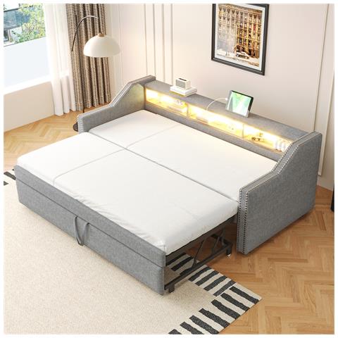 Letto Imbottito Divano-letto 90/180x190 Cm, Con Contenitore Multifunzionale, Luce Led E Presa Usb E Rete A Doghe, Lino+metallo+compensato+mdf, Grigio Chiaro, Senza Materasso - Foto 1