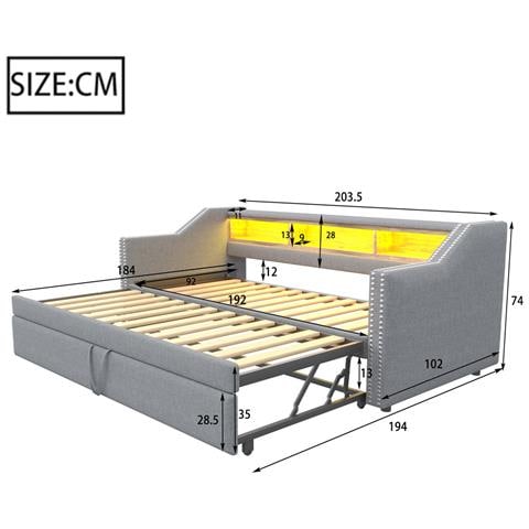 Letto Imbottito Divano-letto 90/180x190 Cm, Con Contenitore Multifunzionale, Luce Led E Presa Usb E Rete A Doghe, Lino+metallo+compensato+mdf, Grigio Chiaro, Senza Materasso - Foto 2