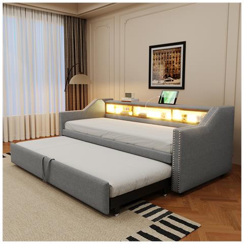 Letto Imbottito Divano-letto 90/180x190 Cm, Con Contenitore Multifunzionale, Luce Led E Presa Usb E Rete A Doghe, Lino+metallo+compensato+mdf, Grigio Chiaro, Senza Materasso - Foto 4