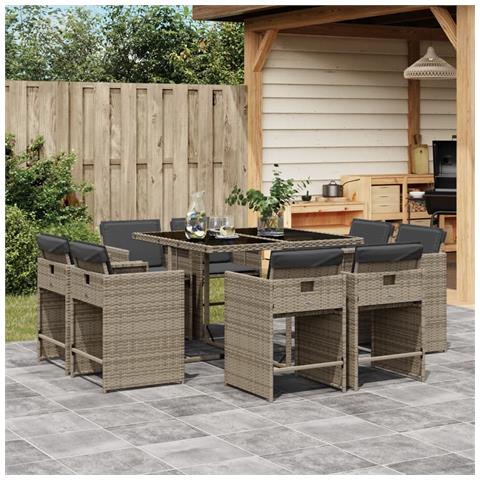 Set da Pranzo da Giardino 9 pz con Cuscini in Polyrattan Grigio - Foto 2