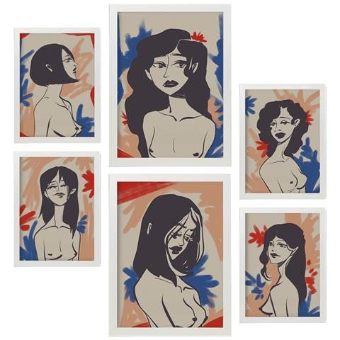 Set Di 6 Stampe Affascinante Bellezza Nei Dipinti Decorativi Estetici Astratti Femminili Per Il Tuo Soggiorno Di Casa A3 & A4 Cornice Bianca - Foto 1