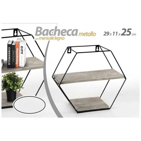 Trade Shop - Bacheca Porta Oggetti Metallo Esagonale Parete 2 Mensole Legno 29x11x25cm 751981 - Foto 1