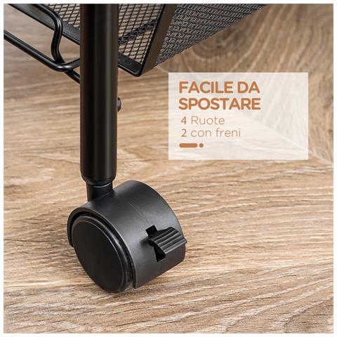 Carrello Da Cucina A 4 Ripiani Rimovibili Con 4 Ganci E Ruote, In Acciaio E Plastica Pp, 45x26.5x84 Cm, Nero - Foto 2