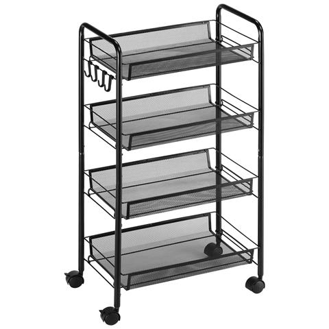 Carrello Da Cucina A 4 Ripiani Rimovibili Con 4 Ganci E Ruote, In Acciaio E Plastica Pp, 45x26.5x84 Cm, Nero - Foto 1