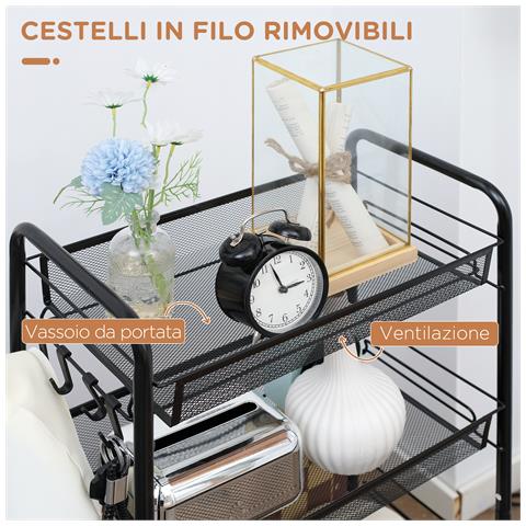 Carrello Da Cucina A 4 Ripiani Rimovibili Con 4 Ganci E Ruote, In Acciaio E Plastica Pp, 45x26.5x84 Cm, Nero - Foto 6