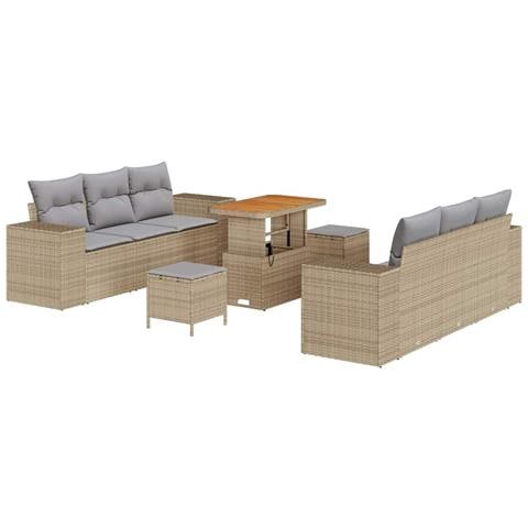 Set Divano Giardino 9 Pezzi con Cuscini Beige Rattan Poliacacia, Set Pranzo Giardino 3 Pezzi con Cuscini Beige Rattan Poliacacia - Foto 1