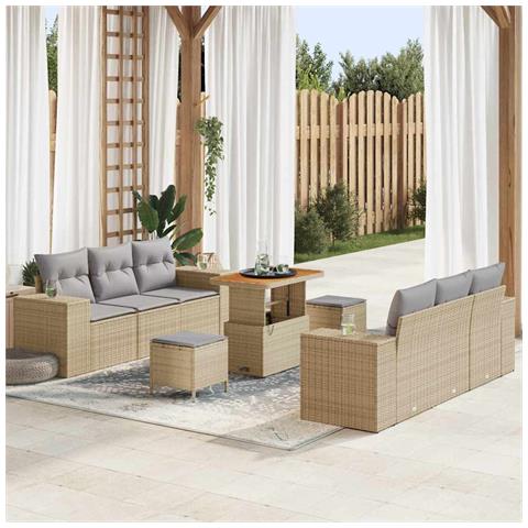 Set Divano Giardino 9 Pezzi con Cuscini Beige Rattan Poliacacia, Set Pranzo Giardino 3 Pezzi con Cuscini Beige Rattan Poliacacia - Foto 2