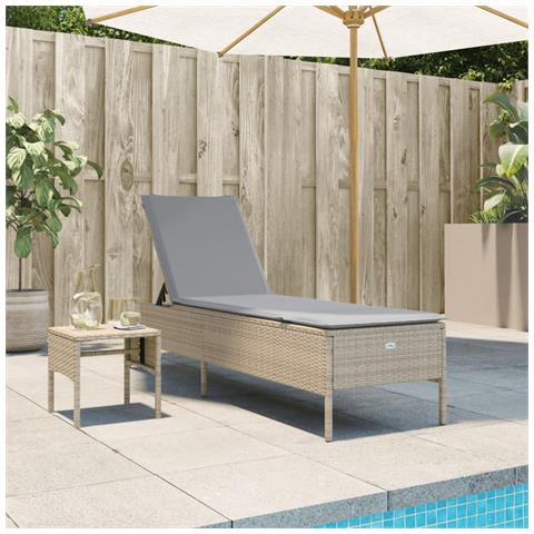 Lettino Prendisole con Tavolo e Cuscino Beige in Polyrattan - Foto 2