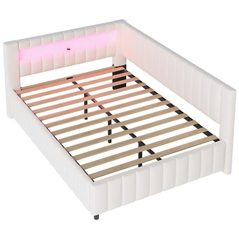 Divano-letto Imbottito 140x200cm, Con Illuminazione Led E Connessione Di Ricarica Usb, Tessuto Di Velluto, Beige, Senza Materasso - Foto 2