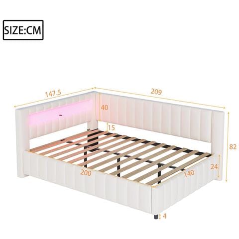 Divano-letto Imbottito 140x200cm, Con Illuminazione Led E Connessione Di Ricarica Usb, Tessuto Di Velluto, Beige, Senza Materasso - Foto 4